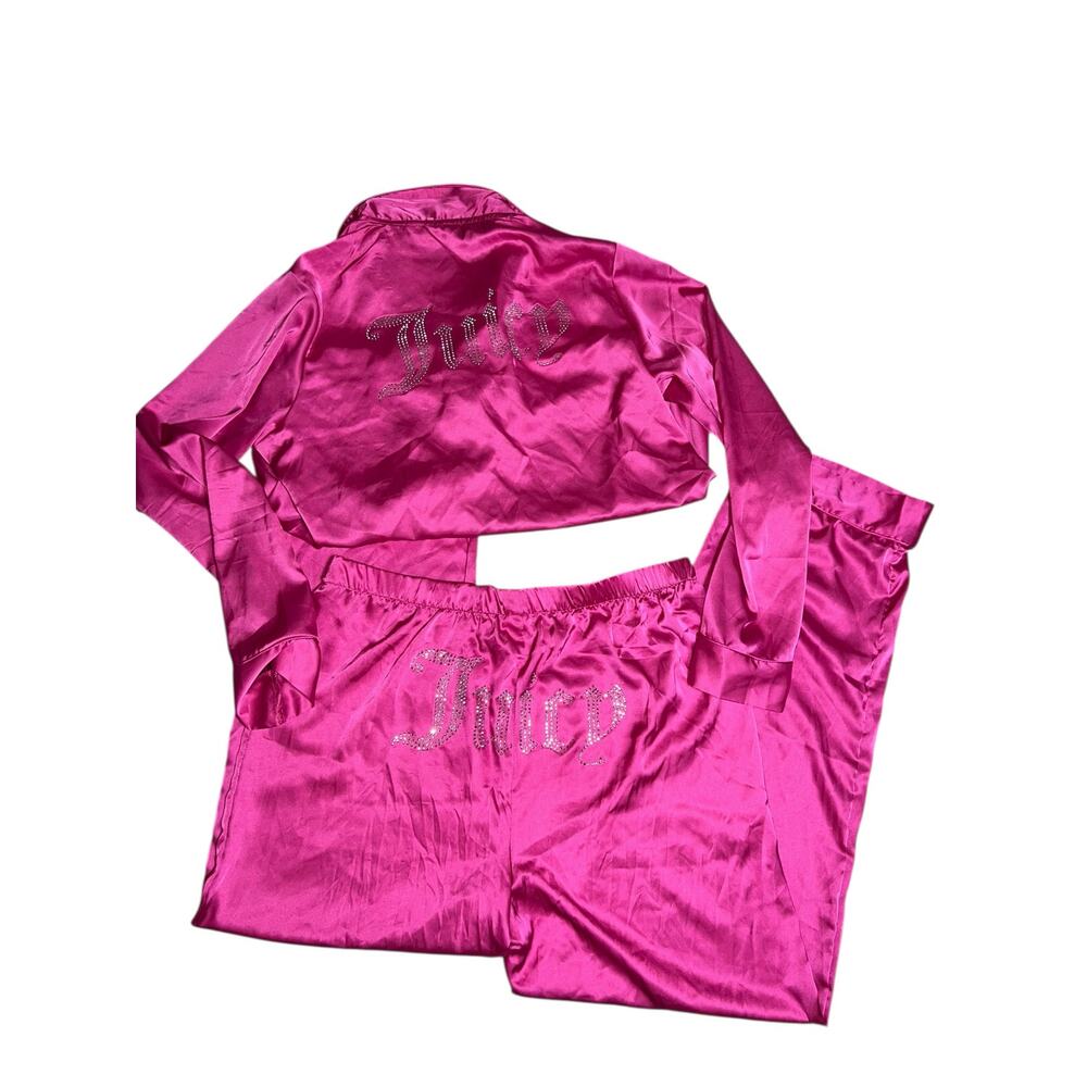 Juicy Couture Y2K Pink Bling rhinestones satin silky women's pajama set MED NEW